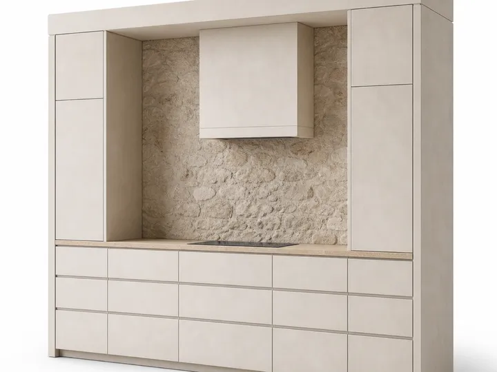 Fadior Terrena Kitchen Suite with Travertine Appliance Alcove — 304 stainless steel kitchen system, front view