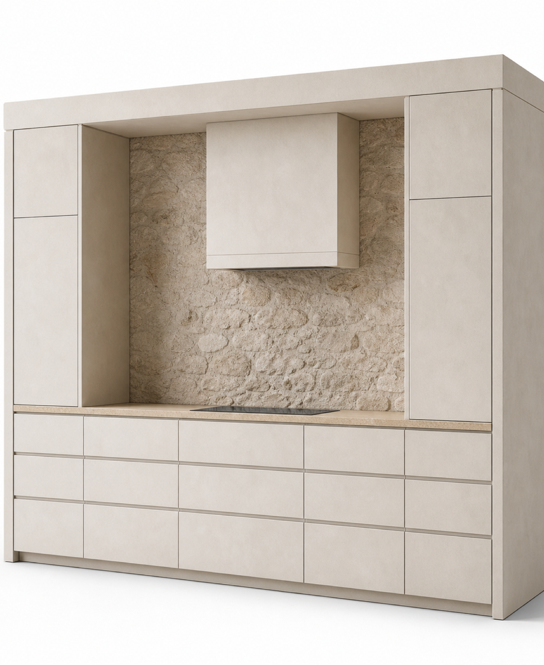Fadior Terrena Kitchen Suite with Travertine Appliance Alcove — 304 stainless steel kitchen system, front view