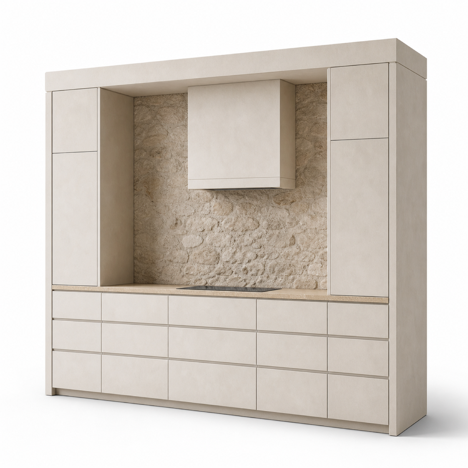 Fadior Terrena Kitchen Suite with Travertine Appliance Alcove — 304 stainless steel kitchen system, front view
