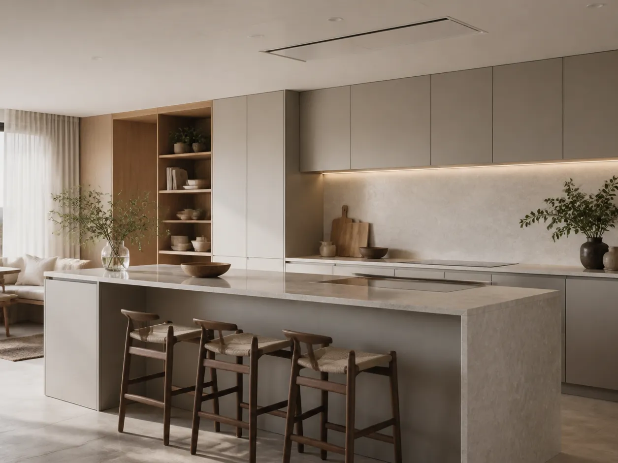 Warm-grey villa kitchen with an integrated ventilation zone in soft morning light — 304 stainless steel cabinetry editorial by Fadior