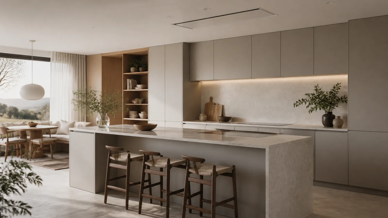 Warm-grey villa kitchen with an integrated ventilation zone in soft morning light