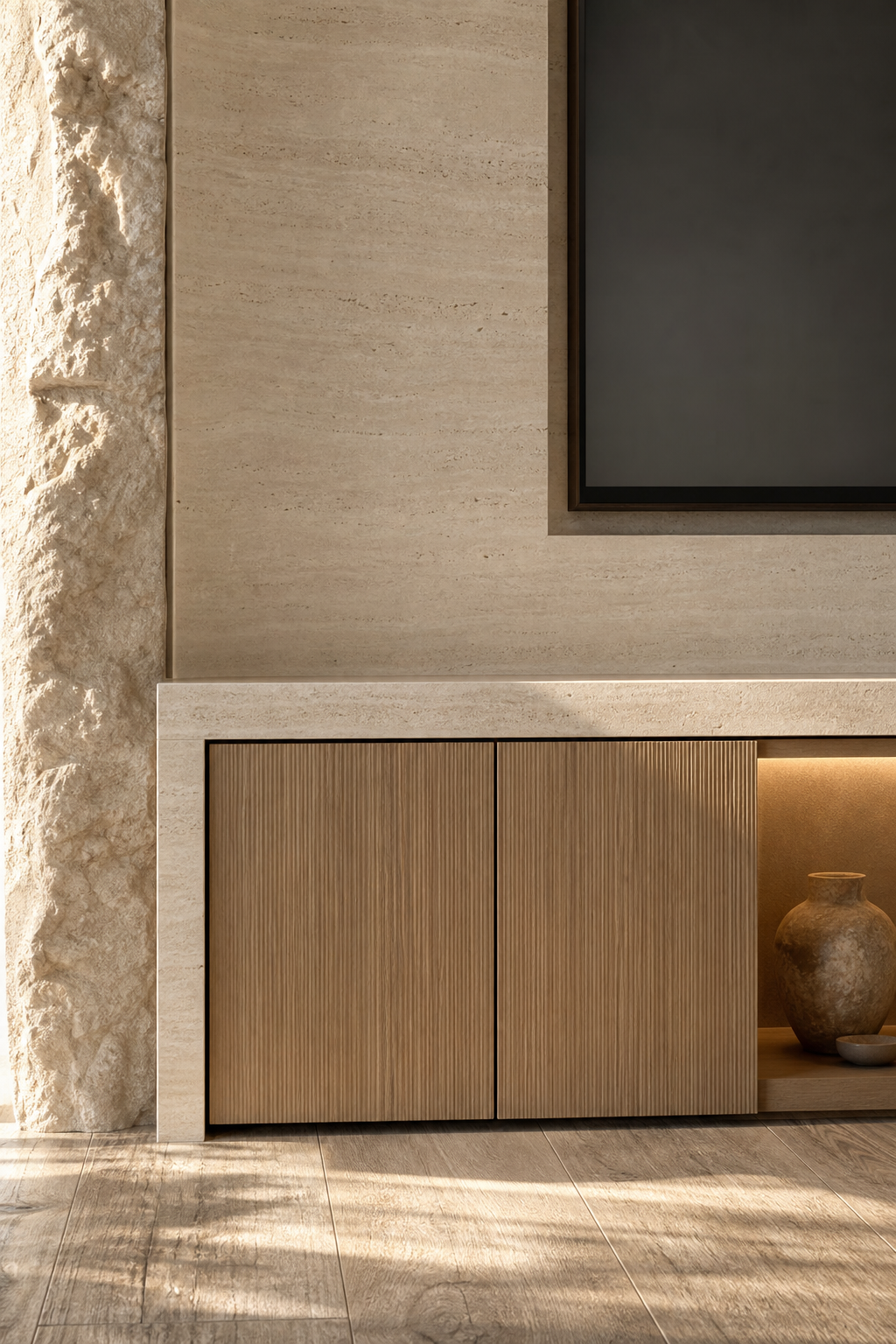 Fadior Veneto Living Room Suite with Travertine Gallery Media Wall — close-up of stainless steel finish and hardware detail
