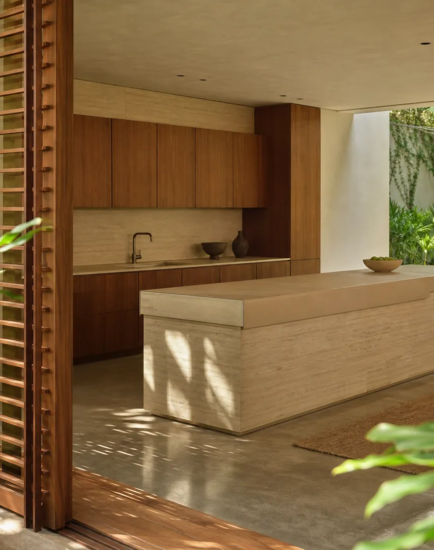 Fadior Forge Kitchen Suite with Parchment Leather Island Saddle — interior room context showing cabinet integration