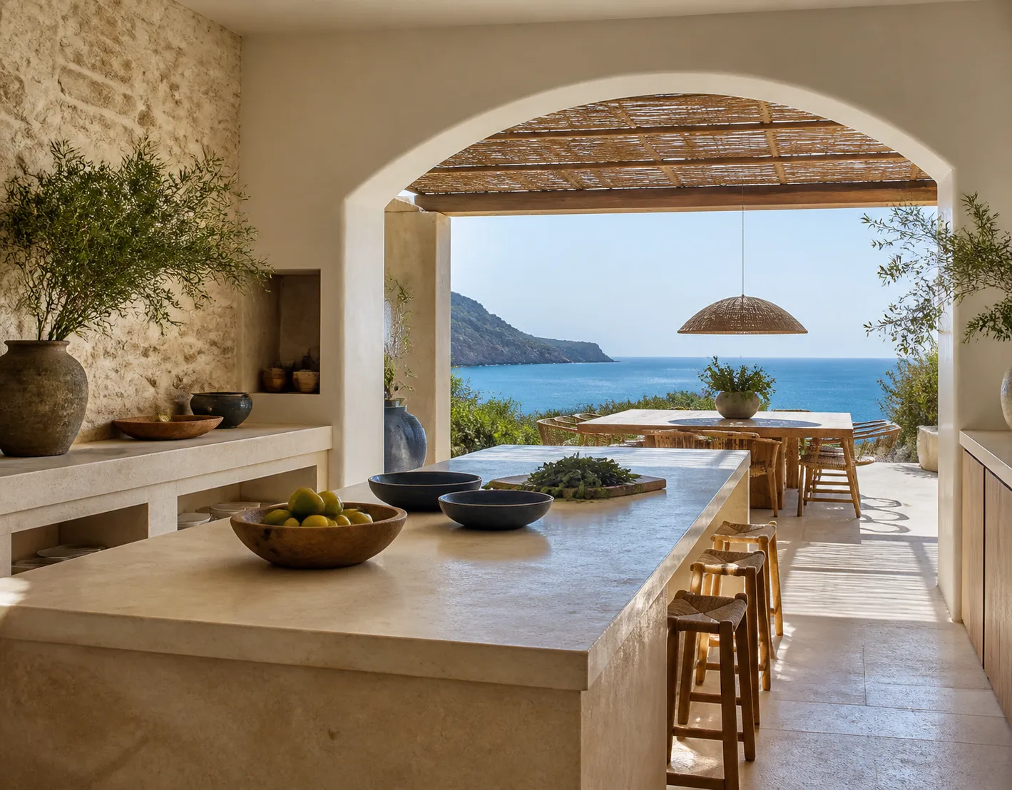 Evening-ready UAE villa kitchen with olive-green accents and teak dining, showing residential entertaining context.