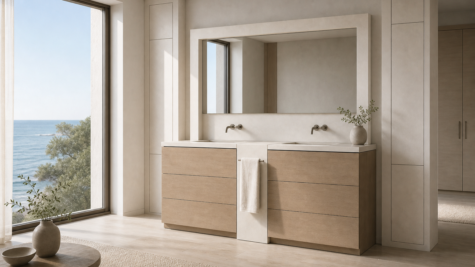 Fadior Nacre Bath and Vanity Suite with Chalk Ceramic Towel Pier — lifestyle setting with natural light and residential
