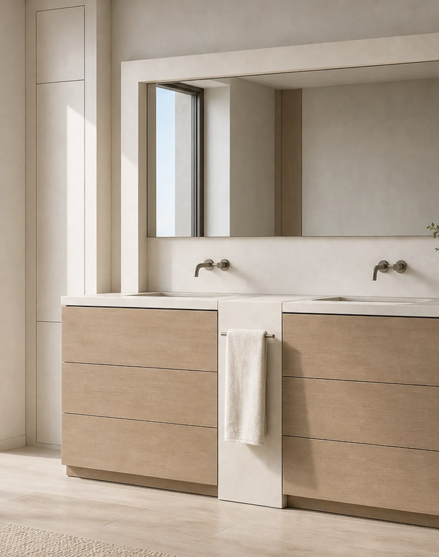 Fadior Nacre Bath and Vanity Suite with Chalk Ceramic Towel Pier — lifestyle setting with natural light and residential