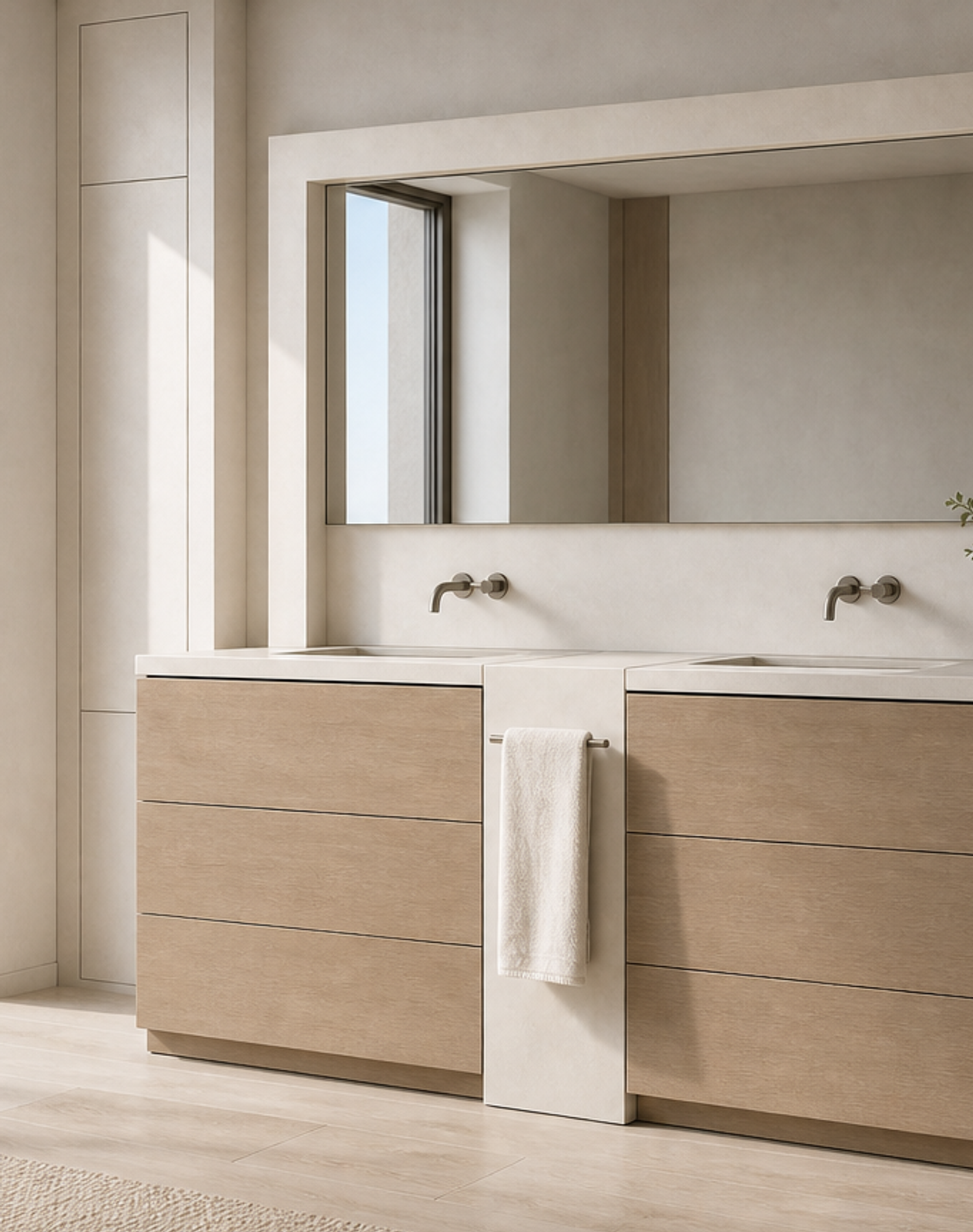 Fadior Nacre Bath and Vanity Suite with Chalk Ceramic Towel Pier — lifestyle setting with natural light and residential