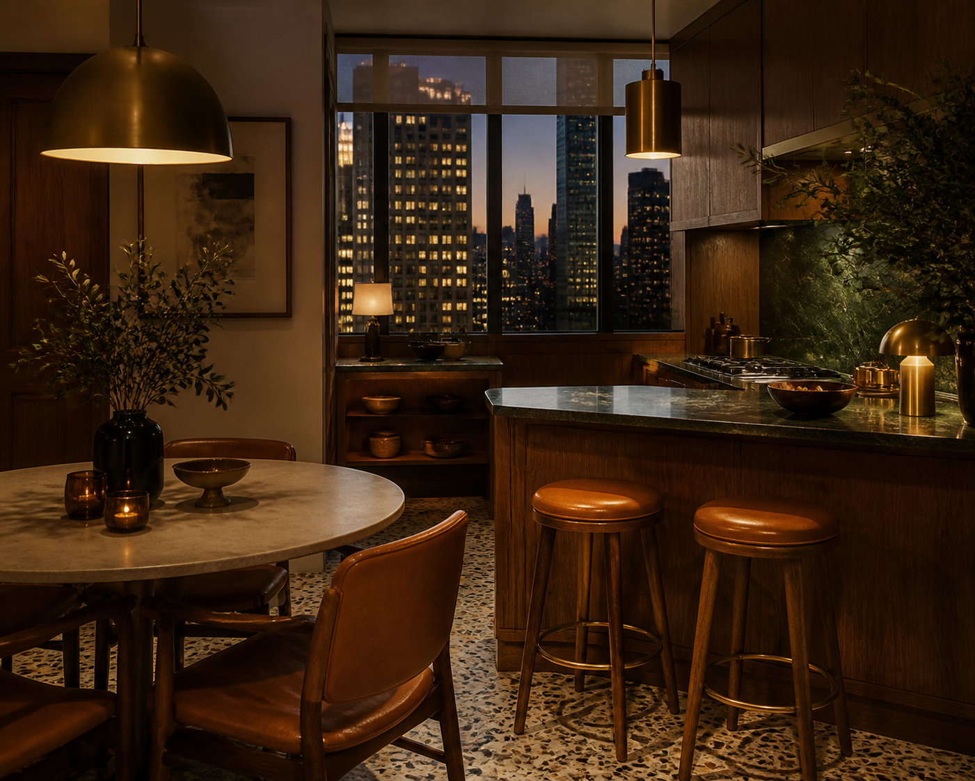 Layered mood study of walnut paneling, cognac leather, terrazzo and softly lit brass details in a refined apartment kitchen.