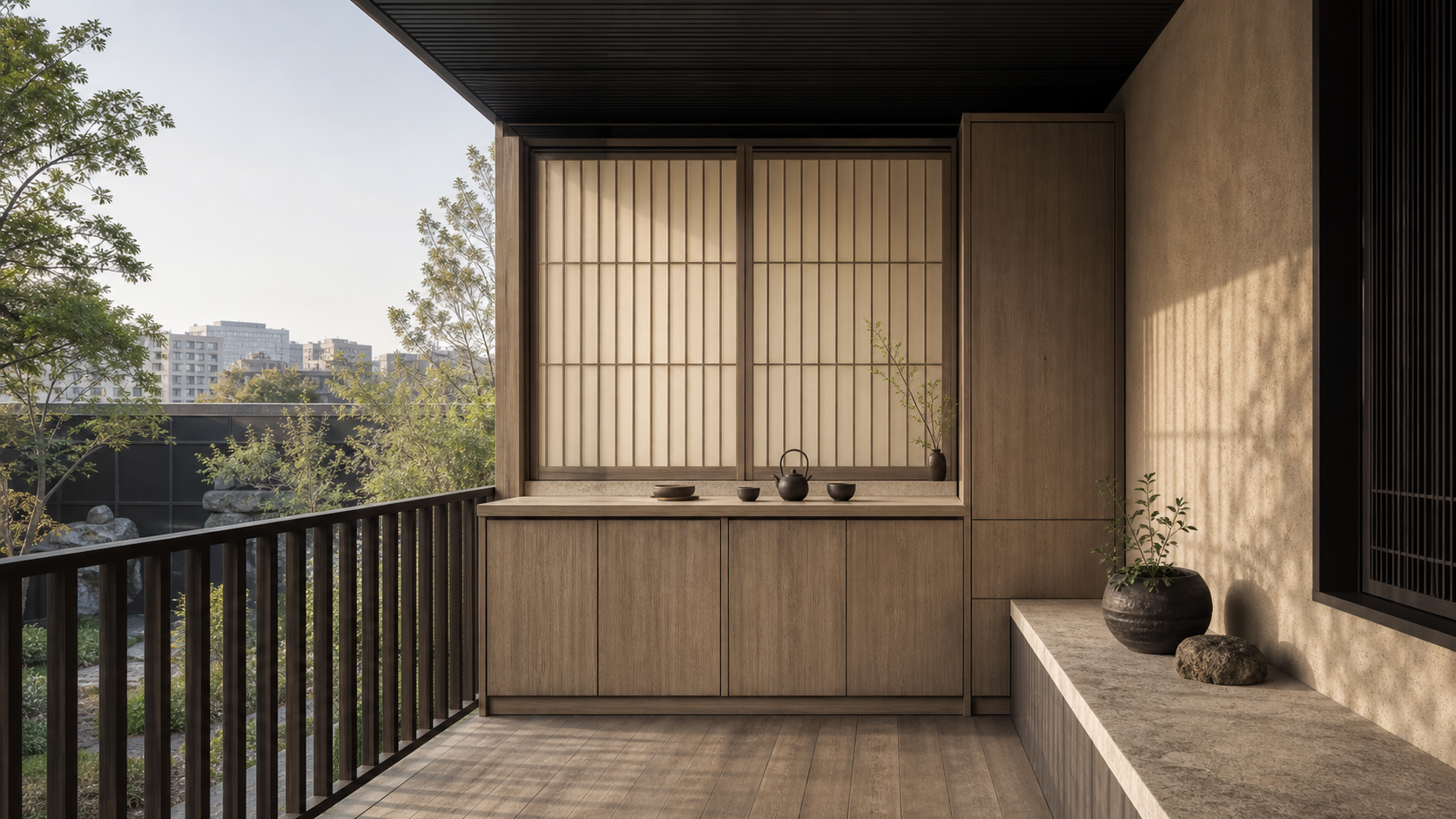 Conjunto de balcón Soleil con Parchment Tea Screen Perch estudio de adaptación