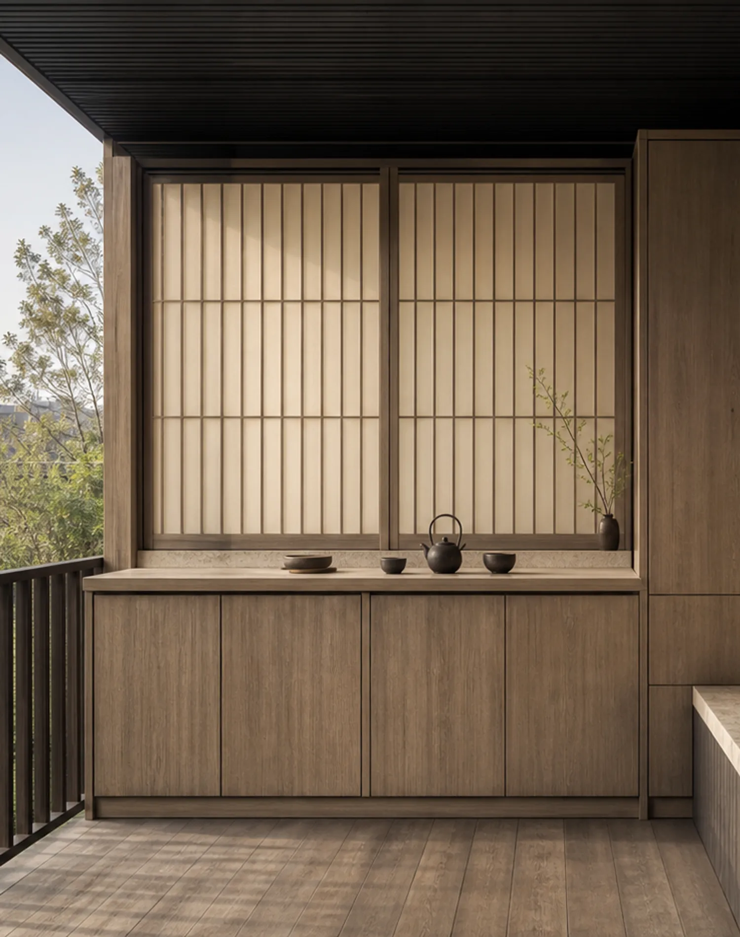 Conjunto de balcón Soleil con Parchment Tea Screen Perch estudio de adaptación