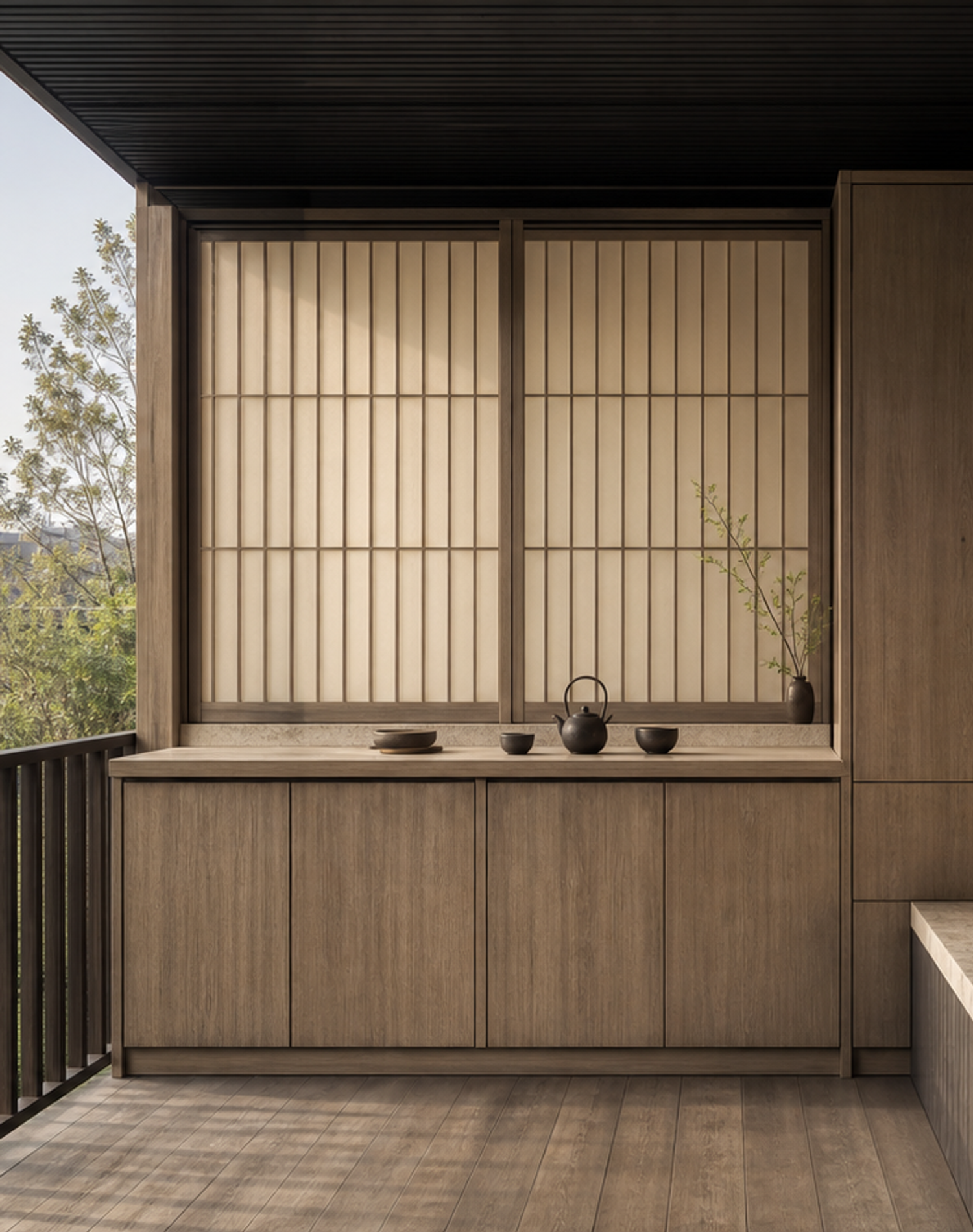 Conjunto de balcón Soleil con Parchment Tea Screen Perch estudio de adaptación