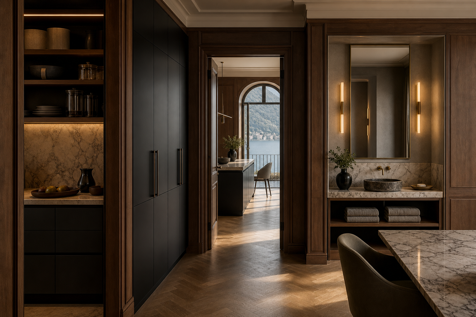 Fadior Como 280 sqm Kitchen Villa — Como pantry and vanity threshold with storage wall, marble counter, round basin,