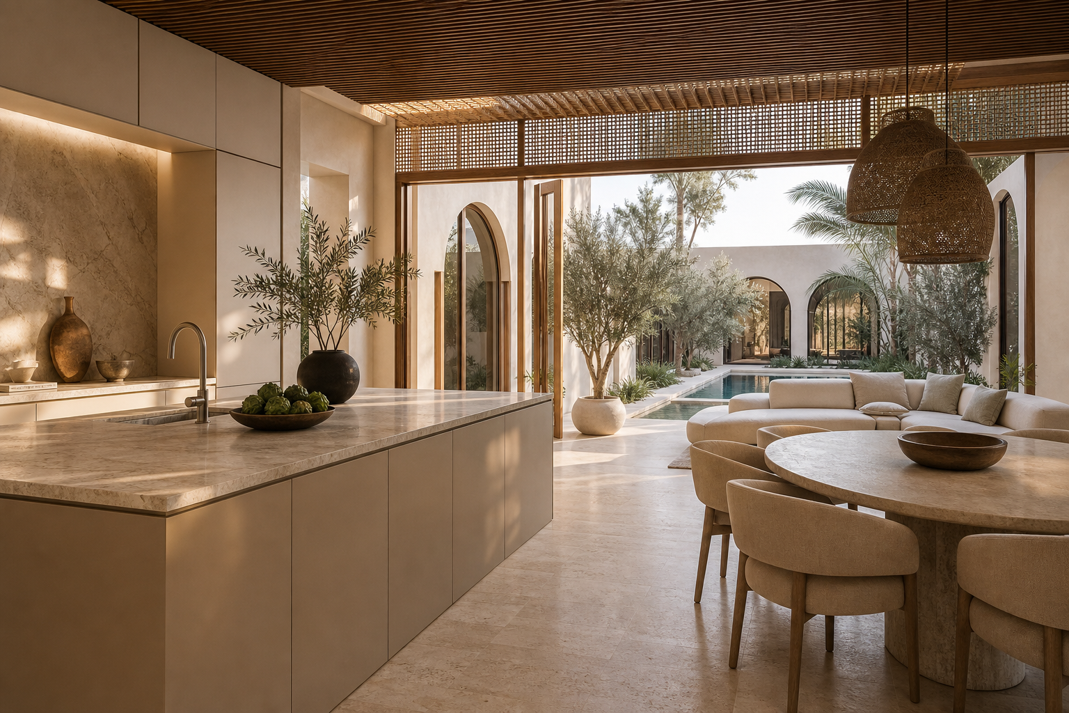 Fadior Dubai Garden Courtyard Villa — island cabinet, dining table, lounge sofa, courtyard pool