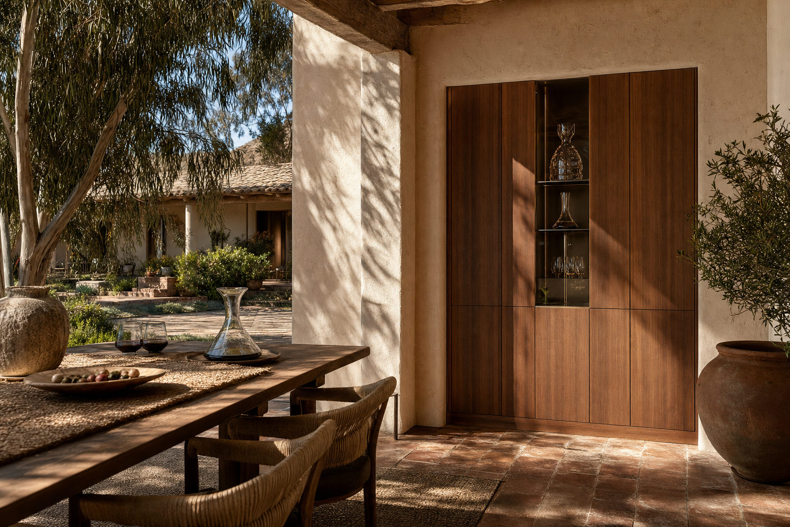 Fadior Grotto Wine Cabinet Suite with Shadow Glass Decanting Spine — lifestyle setting with natural light and residential