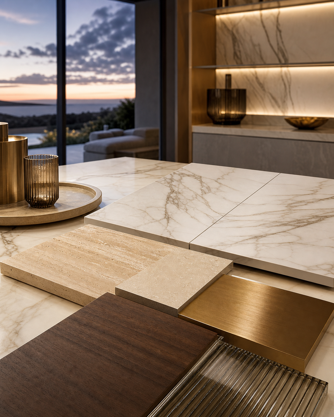Luxury kitchen material study with pale stone, warm wood, and champagne-toned finish samples.