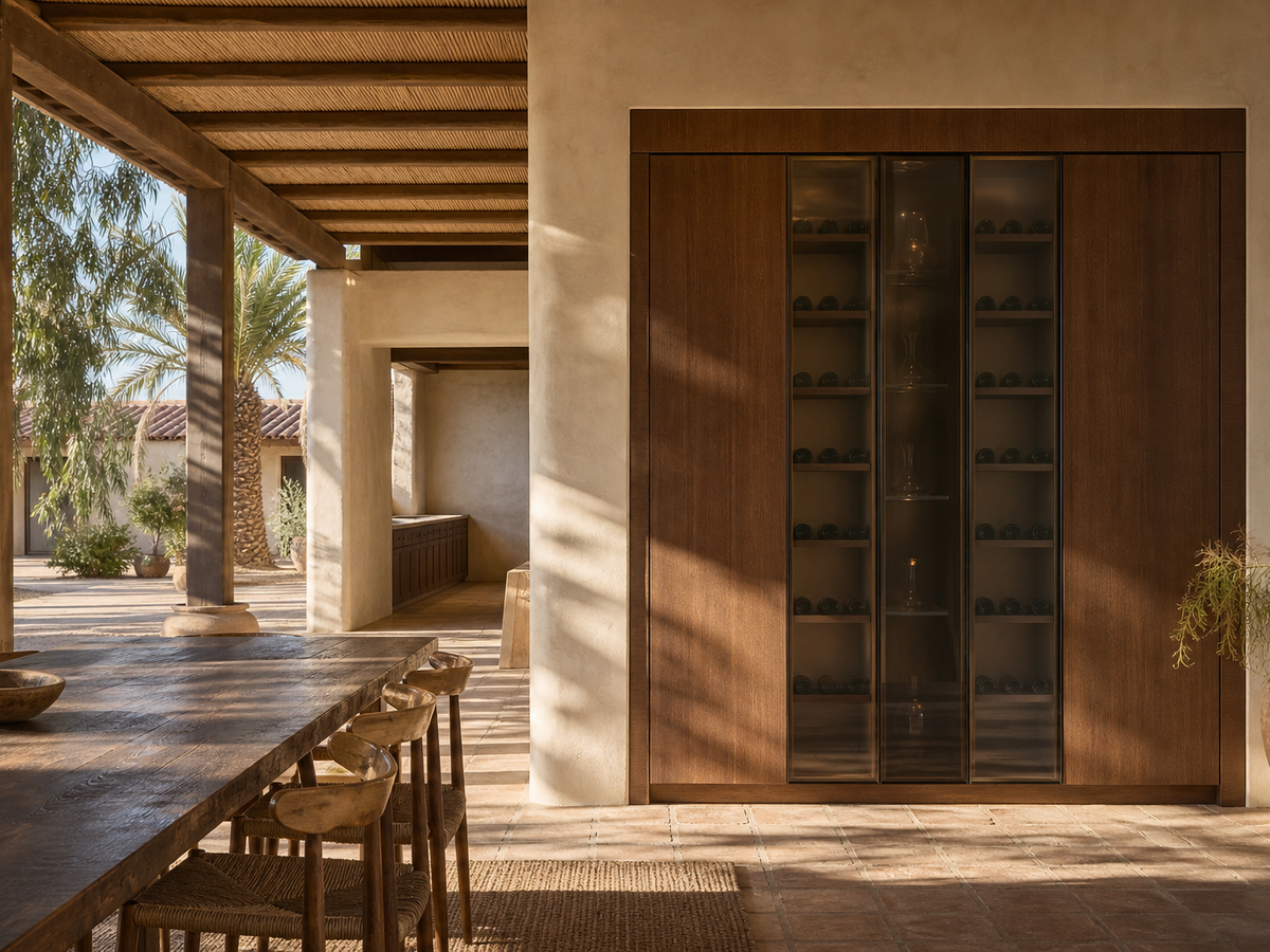 Fadior Grotto Wine Cabinet Suite with Shadow Glass Decanting Spine — 304 stainless steel wine cabinet system, front view
