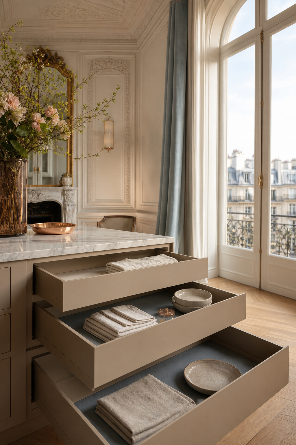 Material mood study of lined cabinet drawers with dishes and soft Paris daylight.