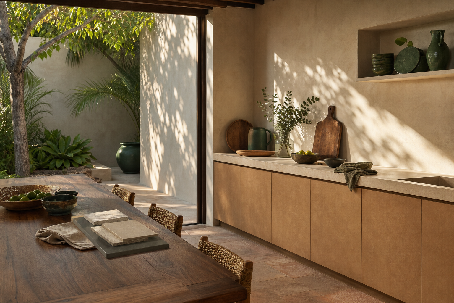 Kitchen lifestyle context with adobe cabinetry, pale counter surfaces, jute seating, and courtyard light.