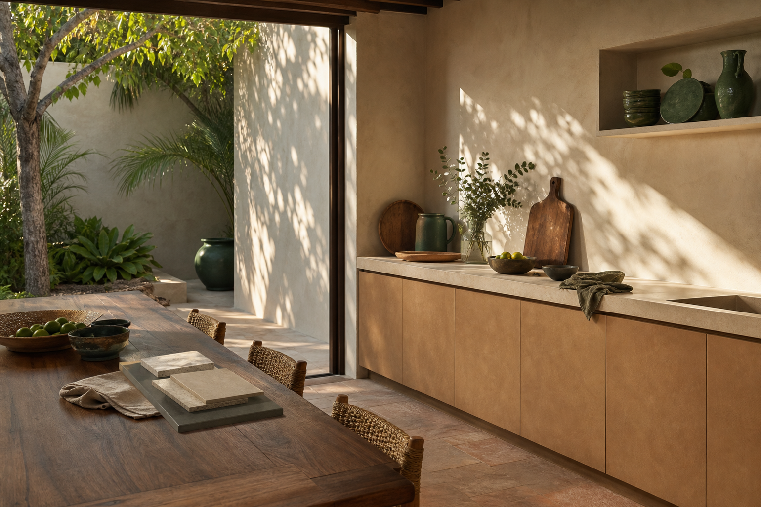 Kitchen lifestyle context with adobe cabinetry, pale counter surfaces, jute seating, and courtyard light.