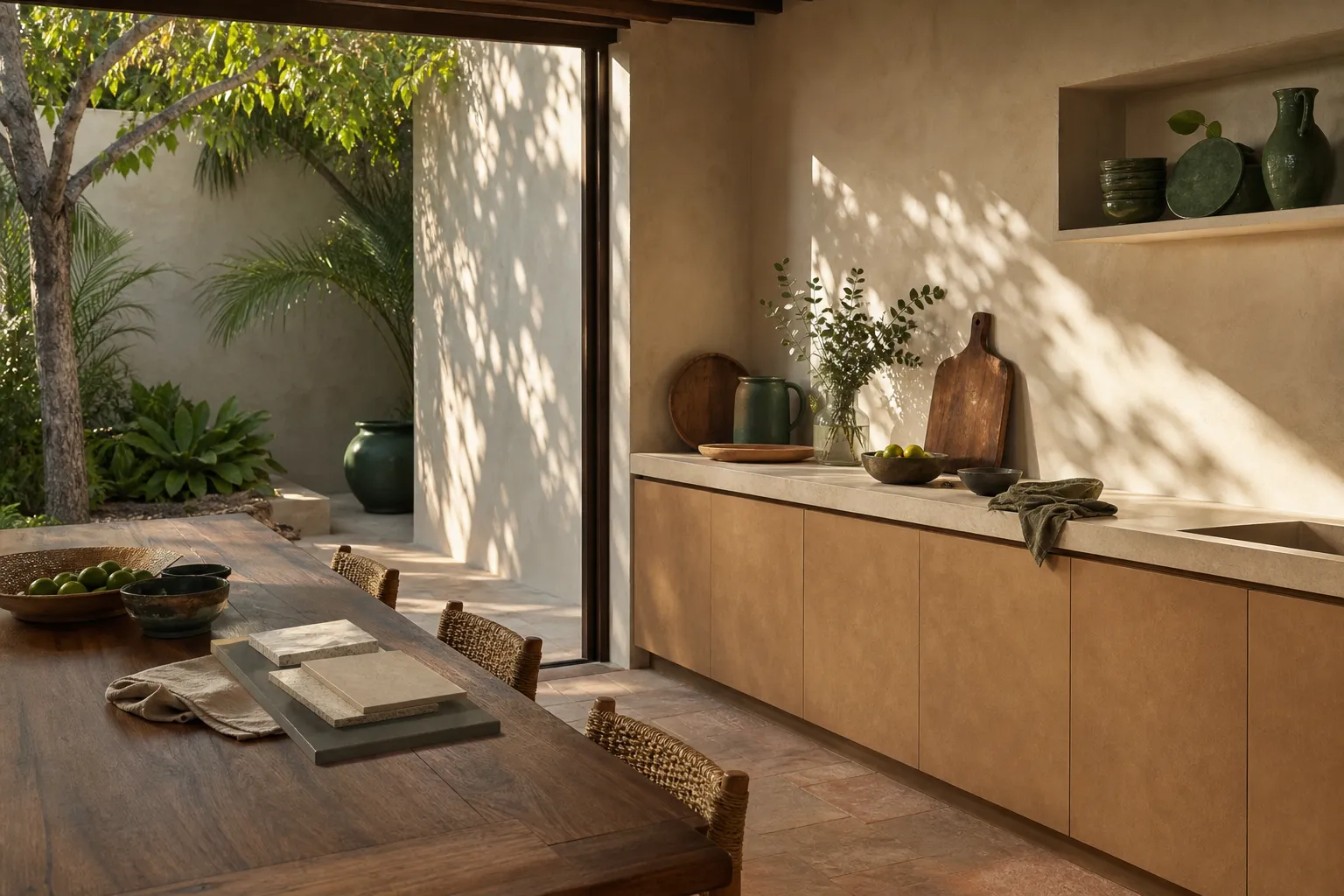 Kitchen lifestyle context with adobe cabinetry, pale counter surfaces, jute seating, and courtyard light.