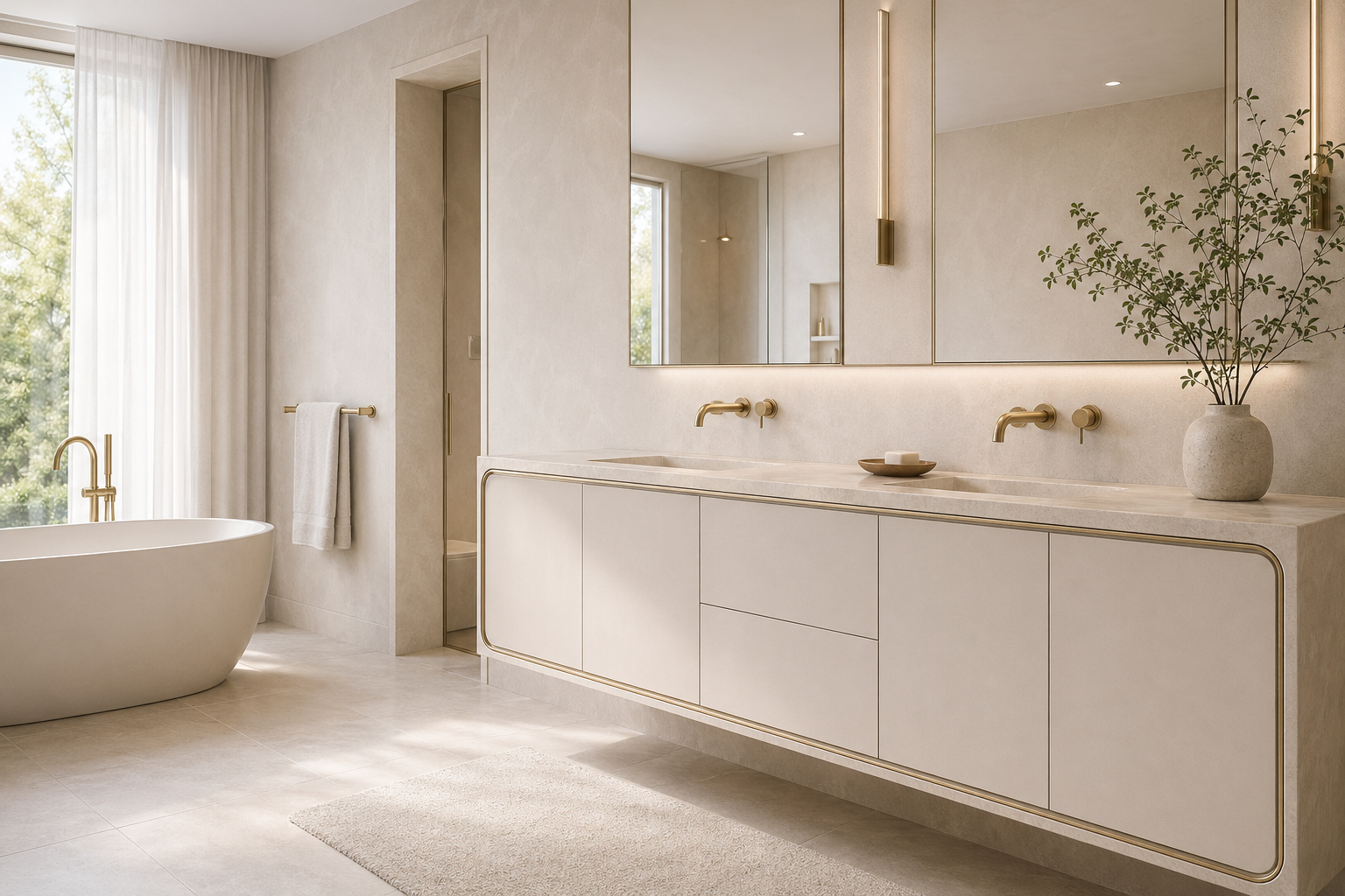 Fadior Alcove Bath and Vanity Suite with Pearl Frame Vanity Run — lifestyle setting with natural light and residential styling