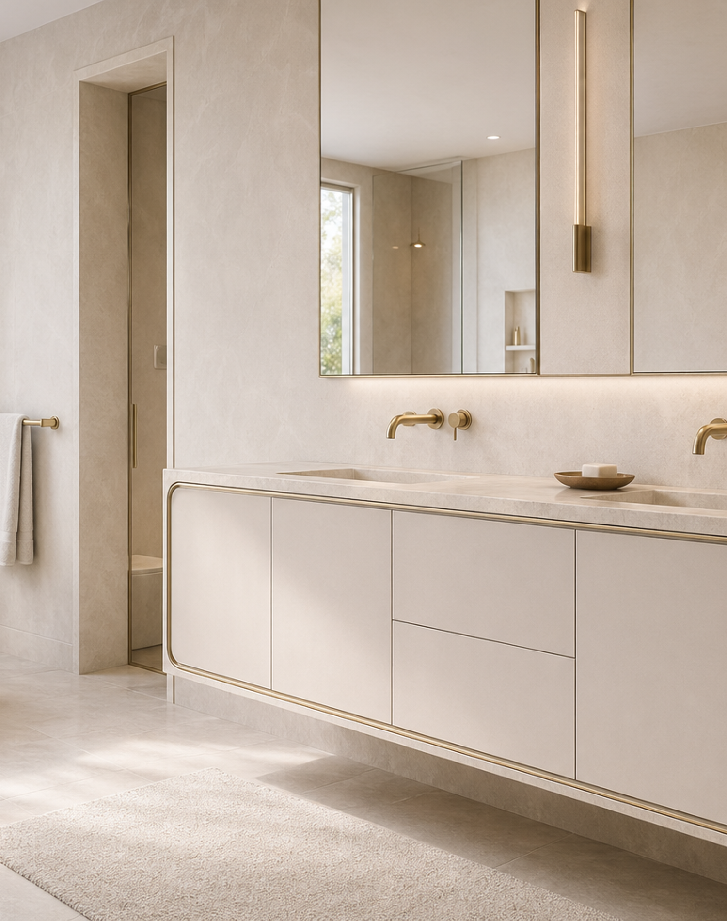 Fadior Alcove Bath and Vanity Suite with Pearl Frame Vanity Run — lifestyle setting with natural light and residential styling