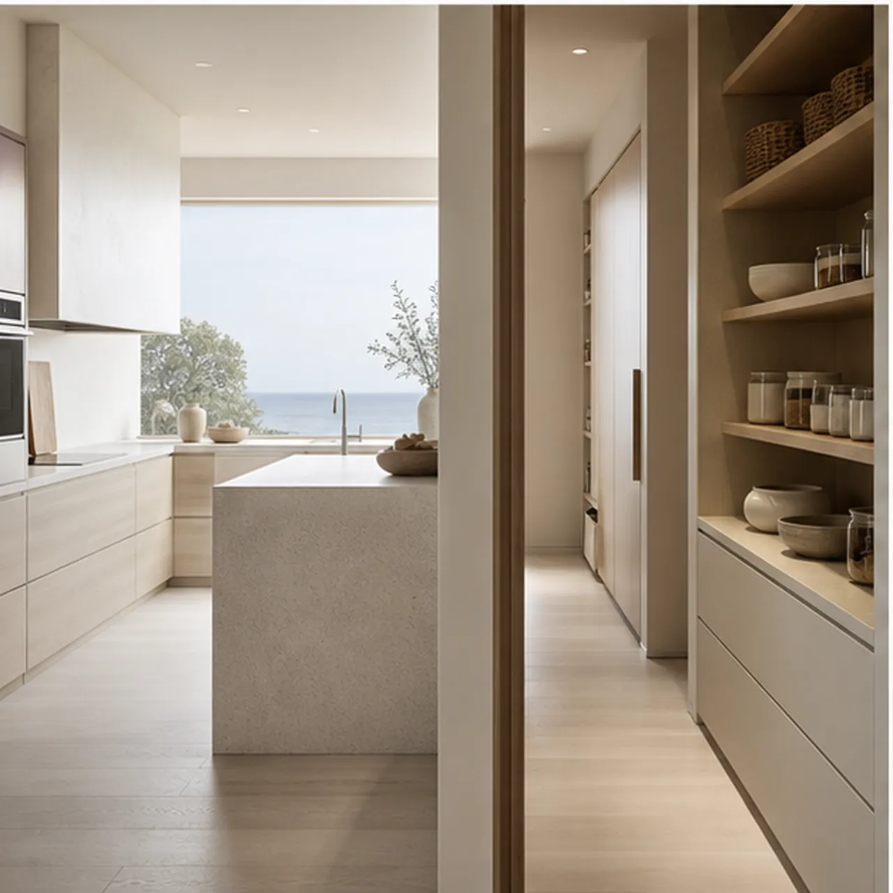 Pantry workflow scene comparing open prep space with closed storage in a quiet kitchen.