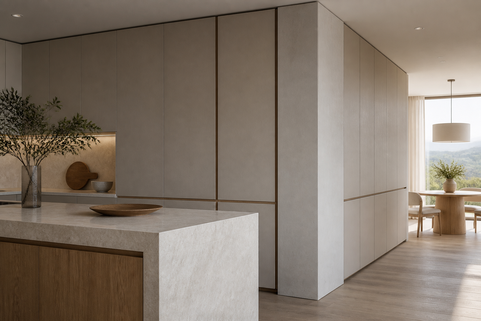Conjunto de paneles de pared de Terrazzo con transición de piedra sinterizada perspectiva interior