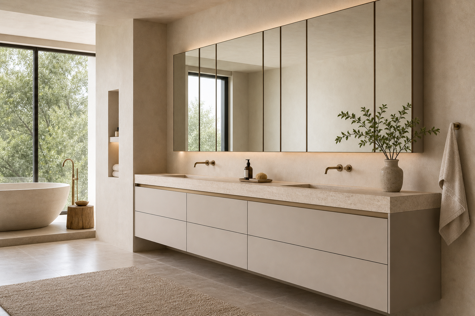 Fadior Ethereal Bath and Vanity Suite with Tailored Mirrorline Grid — lifestyle setting with natural light and residential styling