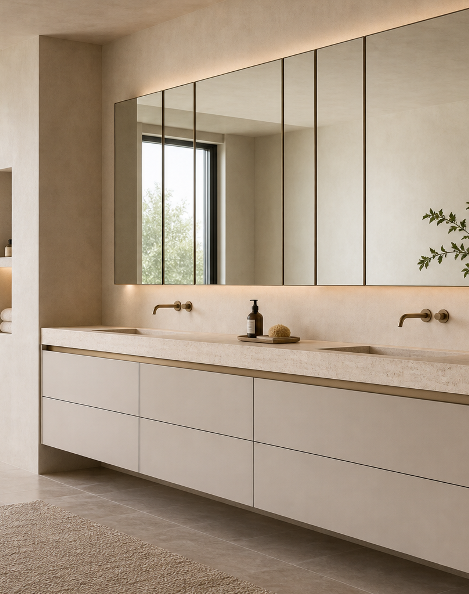 Fadior Ethereal Bath and Vanity Suite with Tailored Mirrorline Grid — lifestyle setting with natural light and residential styling