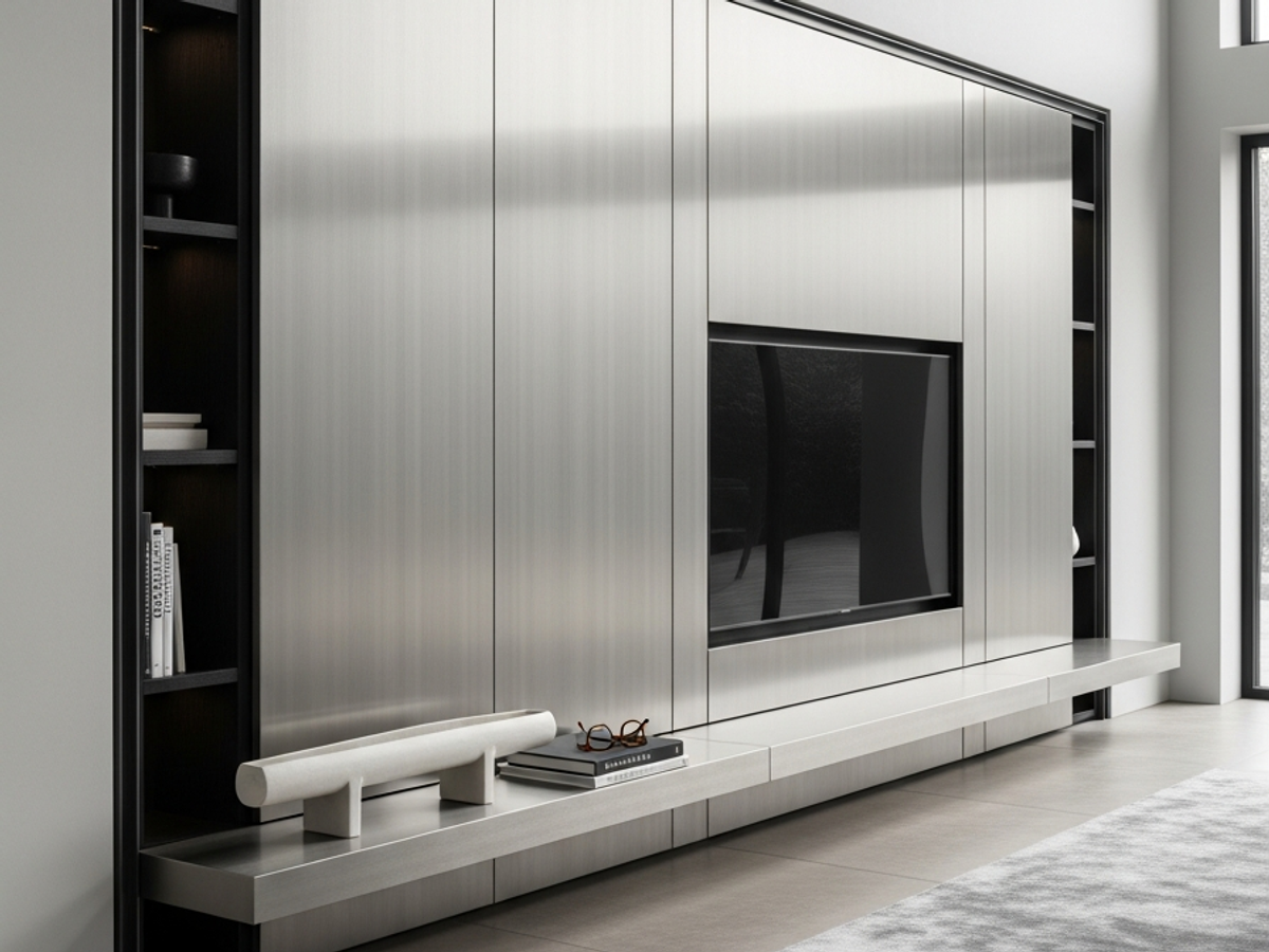 Fadior Essence Media Wall — 304 stainless steel living room system, front view