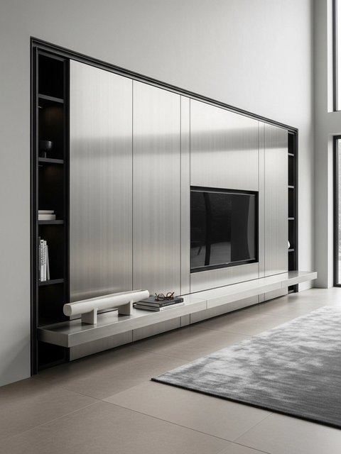 Fadior Essence Media Wall — 304 stainless steel living room system, front view