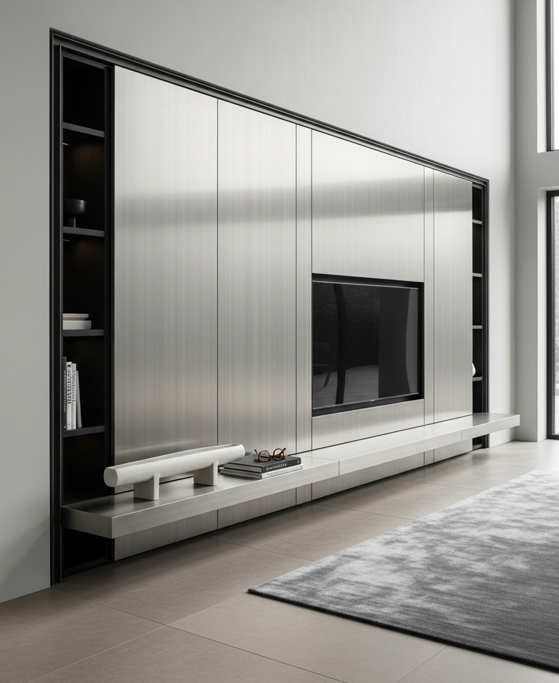 Fadior Essence Media Wall — 304 stainless steel living room system, front view
