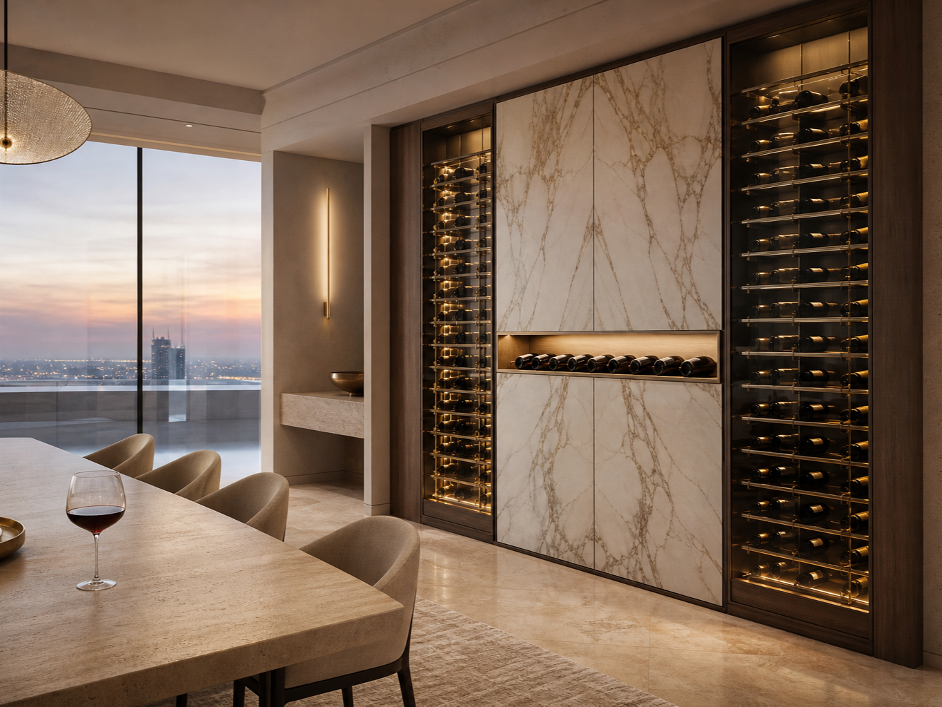 Fadior Gloria Wine Cabinet Suite with Ledger Bottle Aperture — interior room context showing cabinet integration