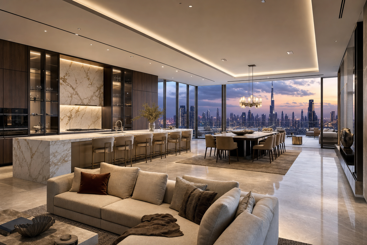 Fadior Dubai 250 sqm Kitchen Penthouse — Dubai living and dining room with kitchen island, sofa, dining table, cabinet wall, skyline glazing, terrace lounge, and marble floor