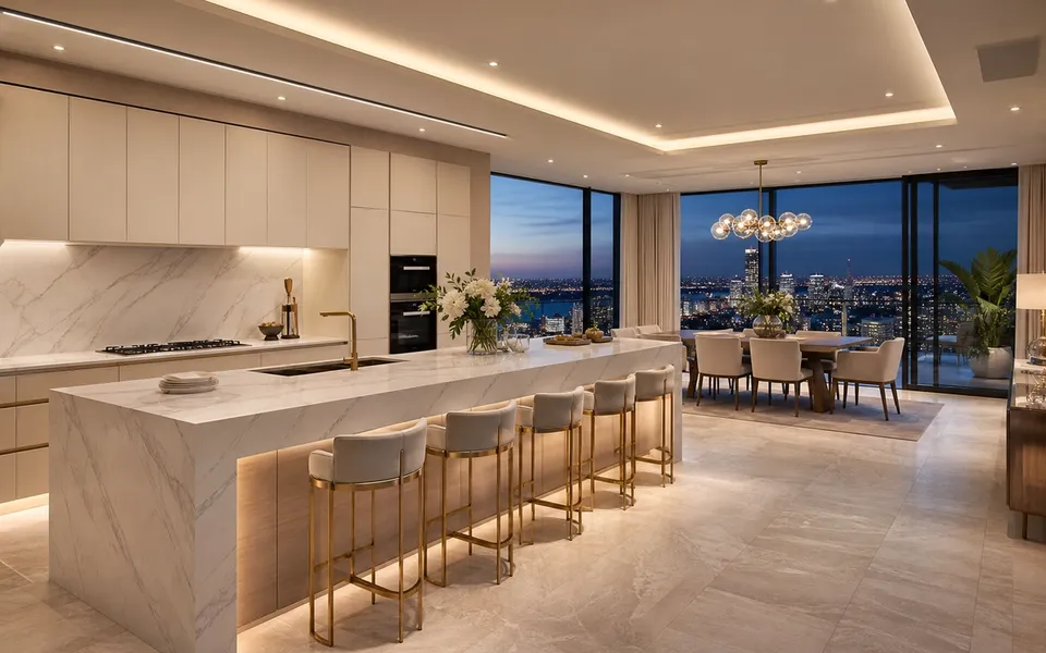 Ático Cocina Perth 280 m² — proyecto Fadior con mobiliario en acero inoxidable 304