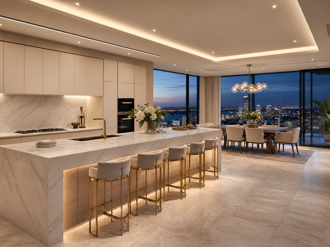 Fadior Perth 280 sqm Kitchen Penthouse — Perth marble island, cabinet wall, travertine floor, dining table, city window — 304 stainless steel cabinetry installation by Fadior