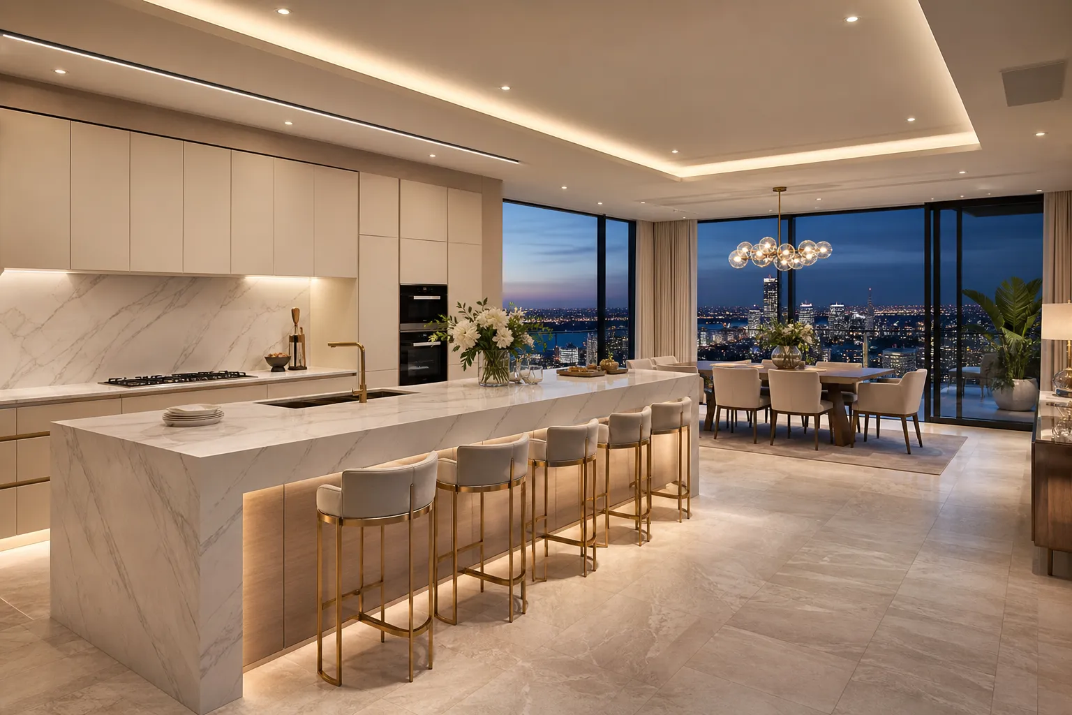 Fadior Perth 280 sqm Kitchen Penthouse — Perth marble island, cabinet wall, travertine floor, dining table, city window