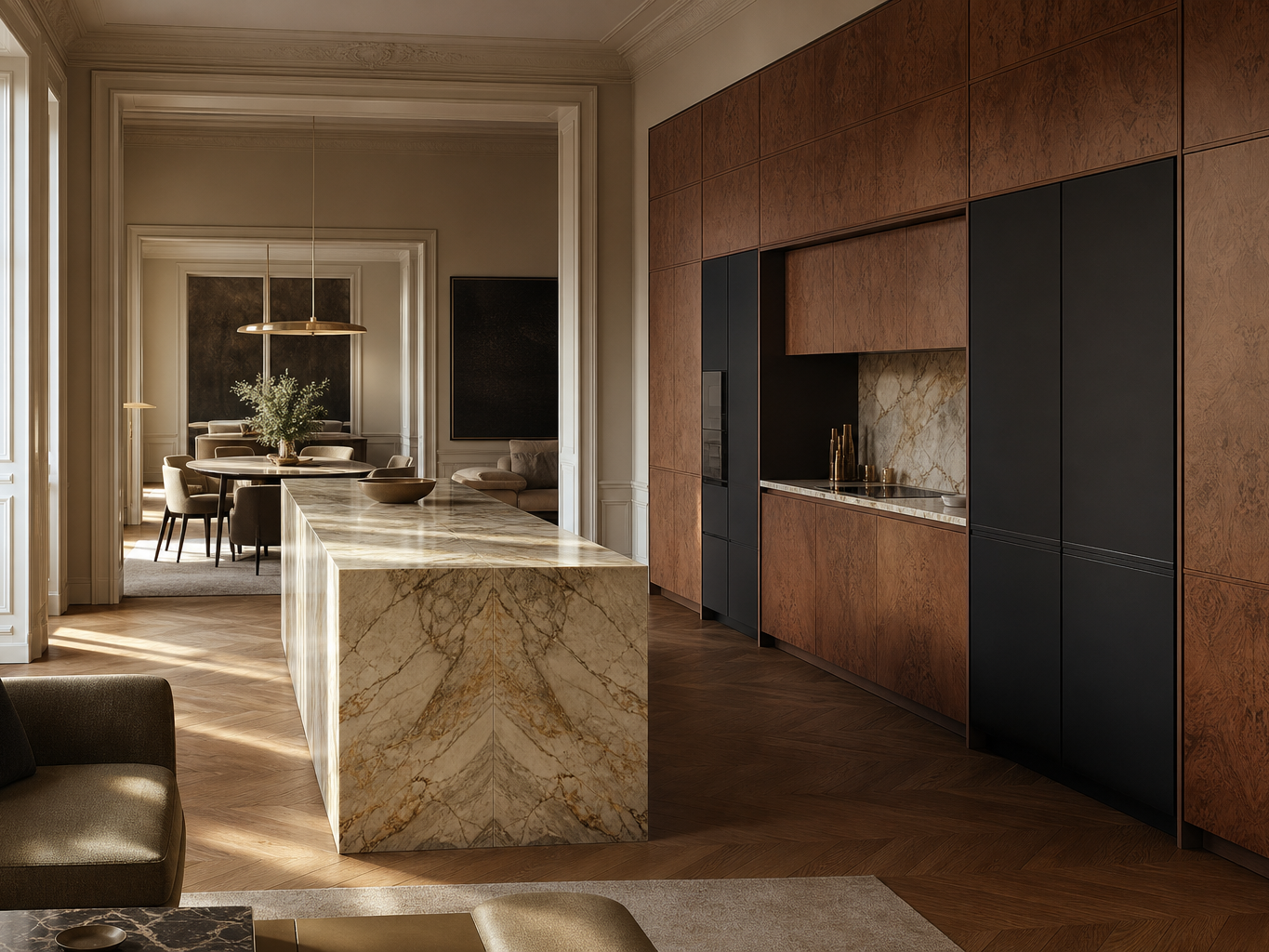 Fadior Meridian Kitchen Suite with Flush Hearth Appliance Run — interior room context showing cabinet integration