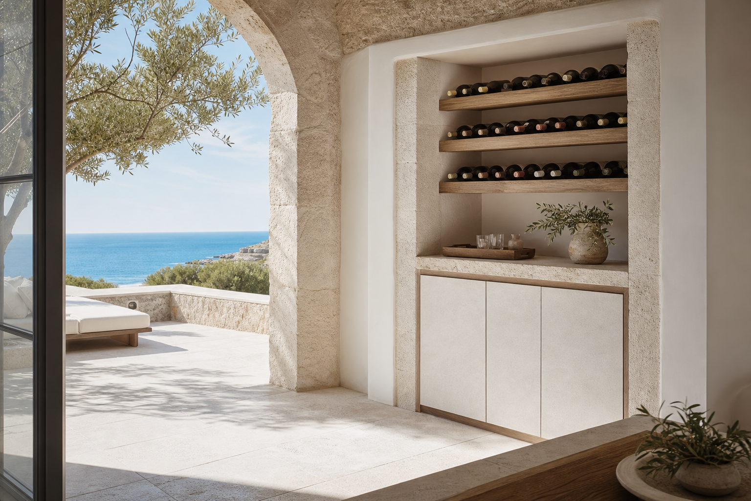 Fadior Grotto Wine Cabinet Suite with Terrazzo Tasting Niche — lifestyle setting with natural light and residential styling