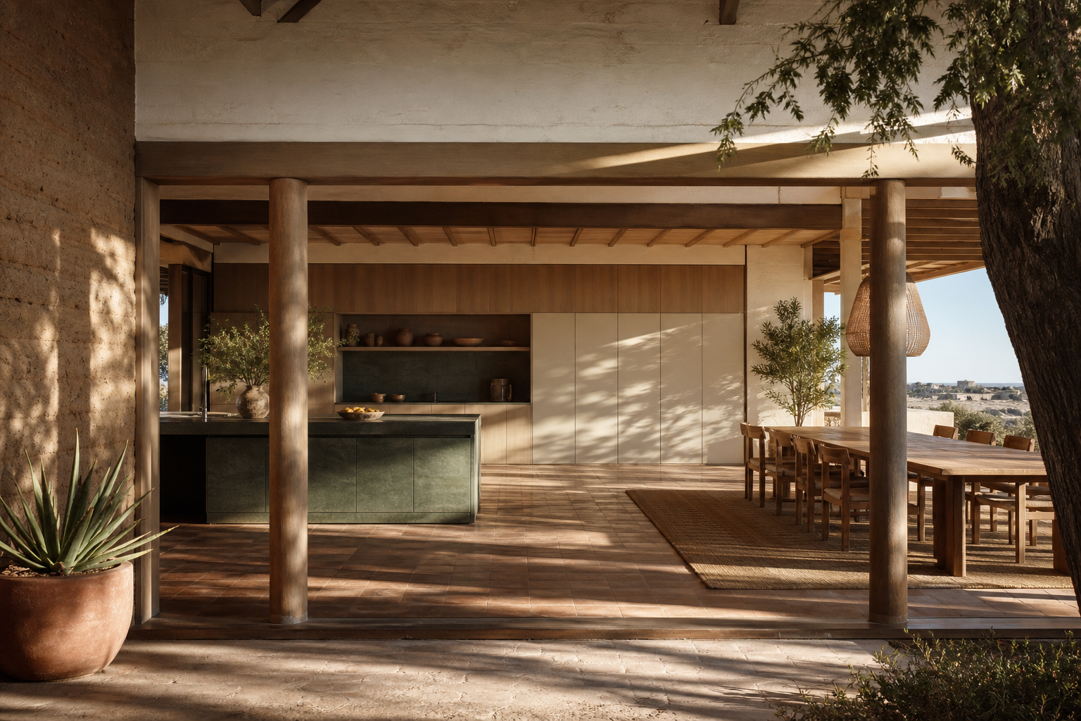 Sunlit modular kitchen cabinet wall opening to a warm villa courtyard and long dining table.