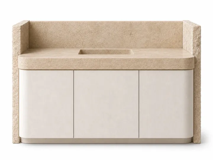 Fadior Solstice Bath and Vanity Suite with Travertine Halo Powder Console — 304 stainless steel bath and vanity system,