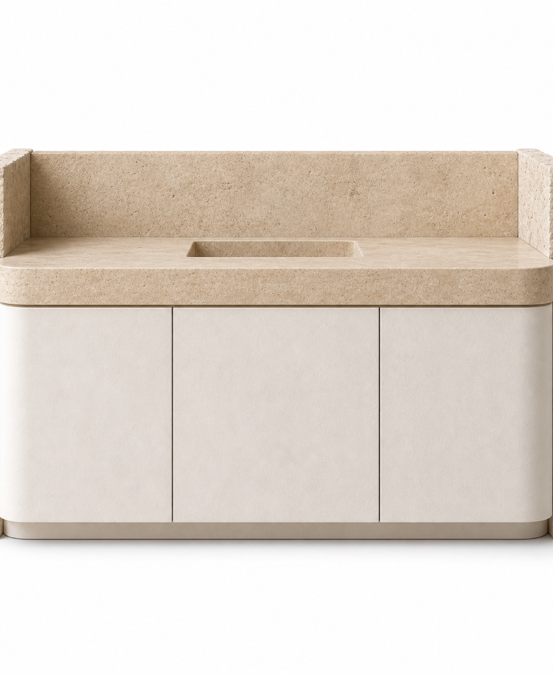 Fadior Solstice Bath and Vanity Suite with Travertine Halo Powder Console — 304 stainless steel bath and vanity system,