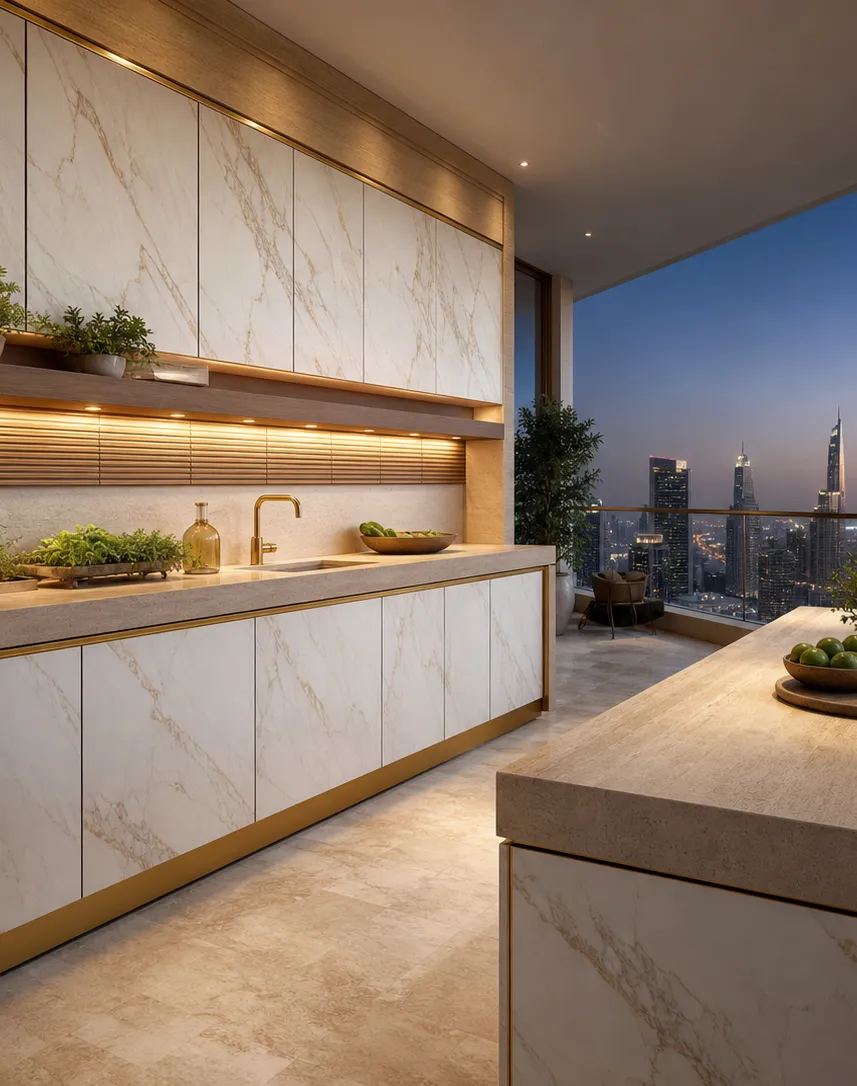 Fadior Dusk Balcony Suite with Louvered Herb Prep Rail — interior room context showing cabinet integration