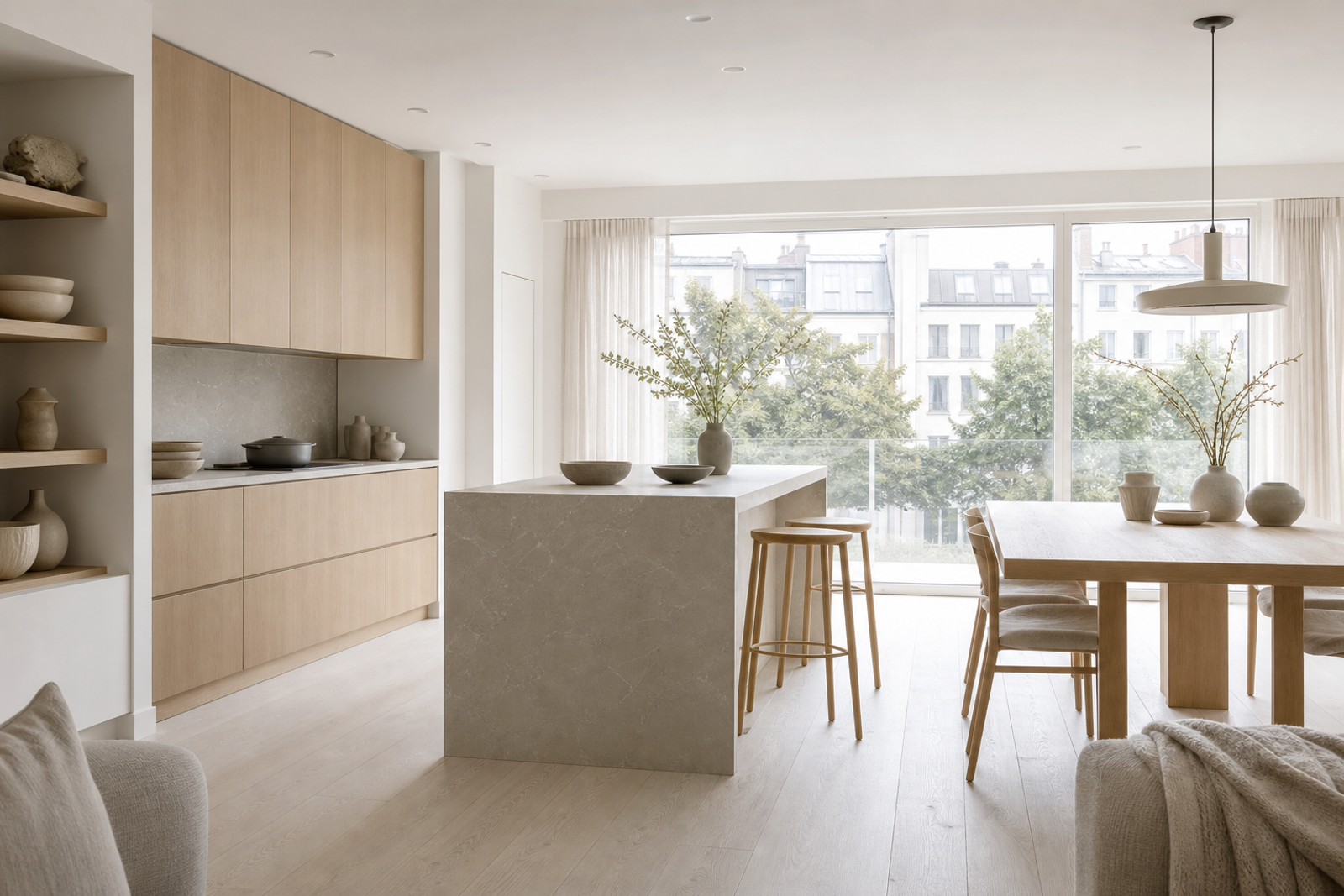 Kitchen atmosphere with blond ash-toned fronts, chalk white surfaces, and soft daylight for finish approval.