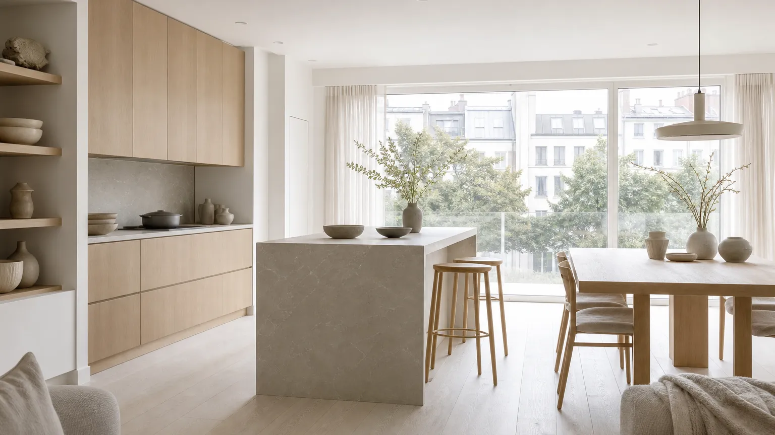 Kitchen atmosphere with blond ash-toned fronts, chalk white surfaces, and soft daylight for finish approval.