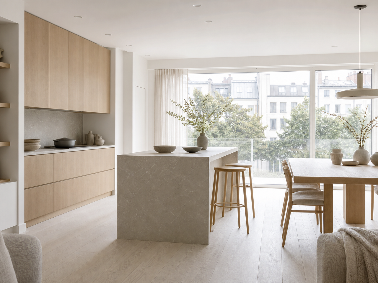 Kitchen atmosphere with blond ash-toned fronts, chalk white surfaces, and soft daylight for finish approval. — 304 stainless steel cabinetry editorial by Fadior