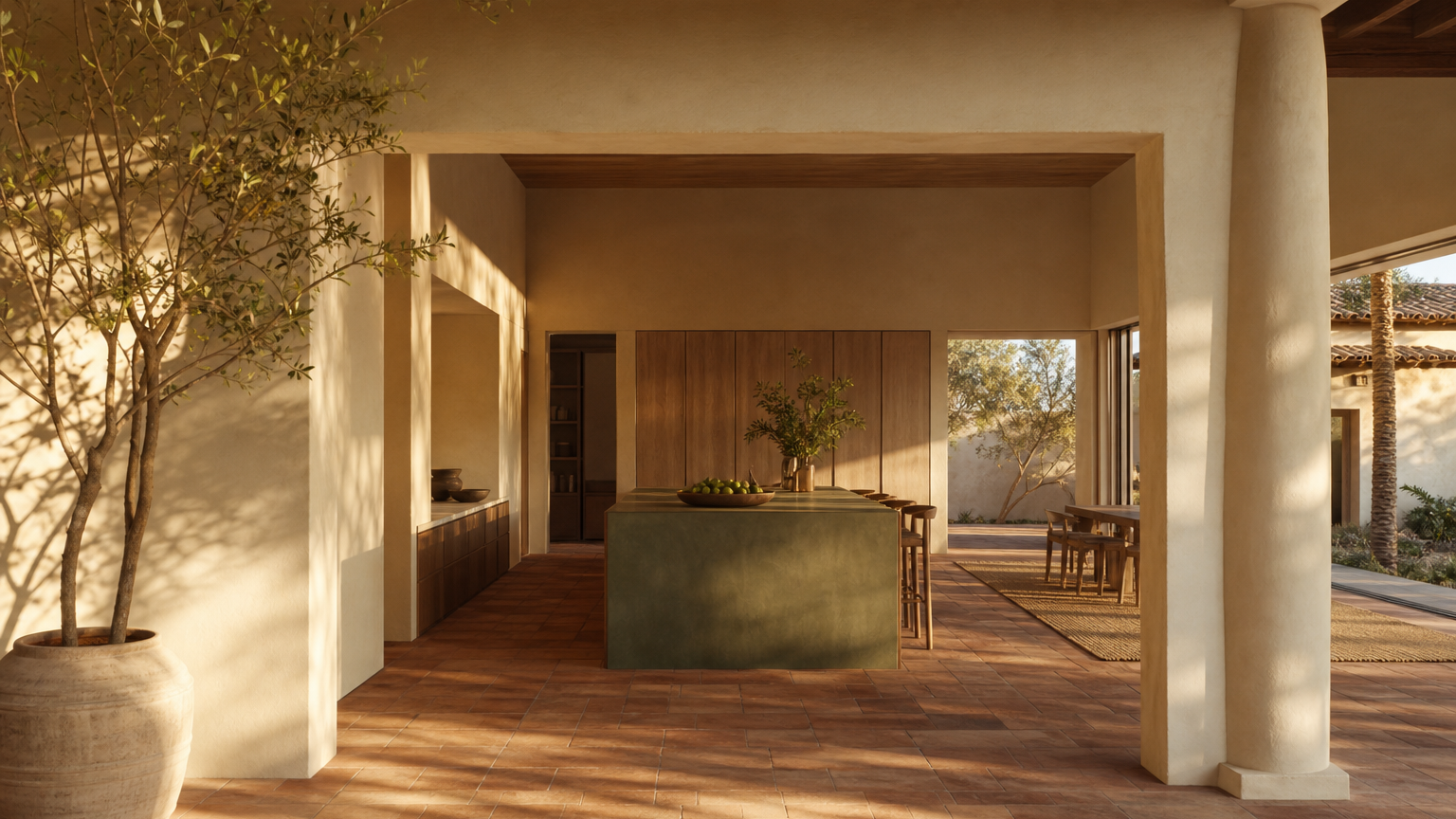 Atmosphere view: camera-ready villa kitchen with warm clay walls and hidden storage for visual calm.
