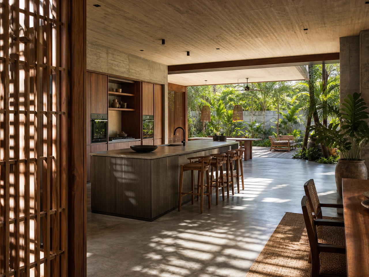Fadior Perth 400 sqm Kitchen Villa - island, cabinet wall, courtyard window, hardwood lattice — 304 stainless steel cabinetry installation by Fadior