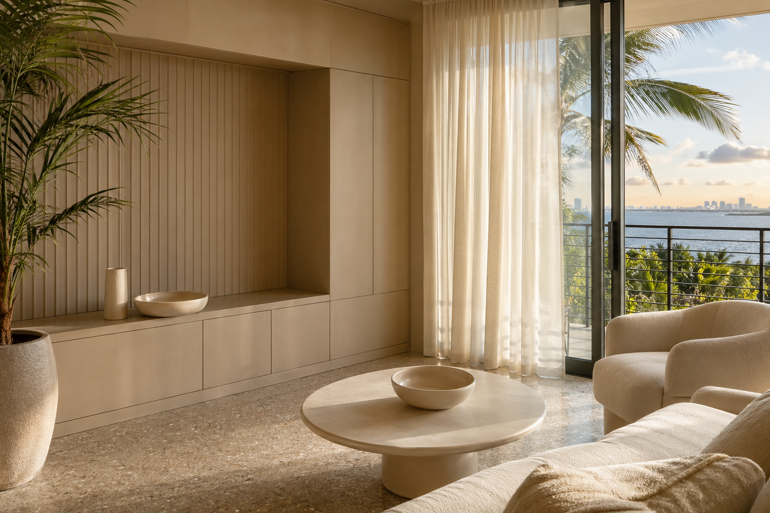 Fadior Miami Compact Residence — lounge sofa, cabinet console, palm, balcony door